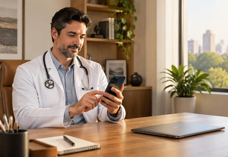 Médico no próprio consultório consultando a agenda no celular