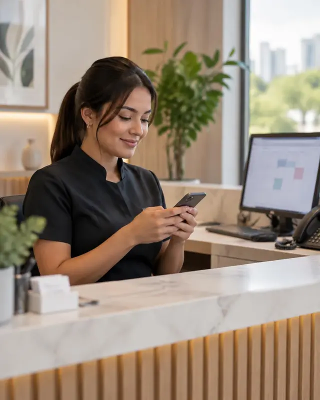 Recepcionista de clínica respondendo uma mensagem no celular, no balcão de atendimento